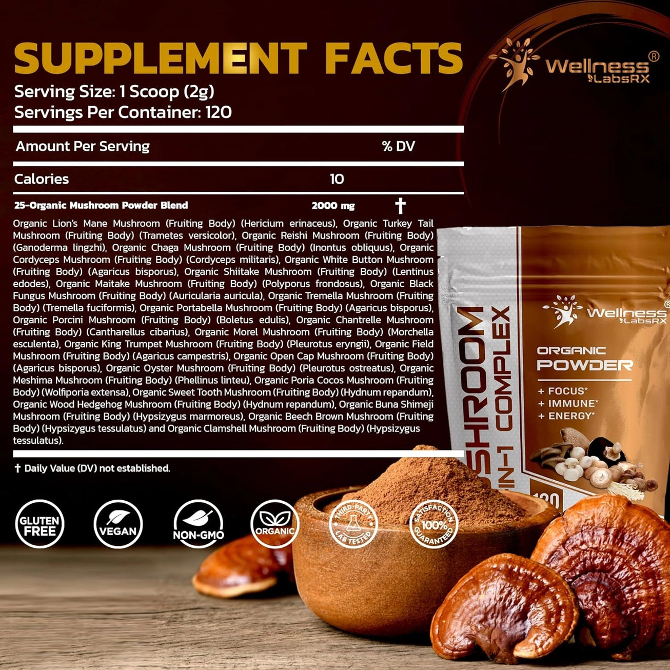 Organic 25-in-1 Mushroom Powder 2000mg Per Serving – 120 Servings